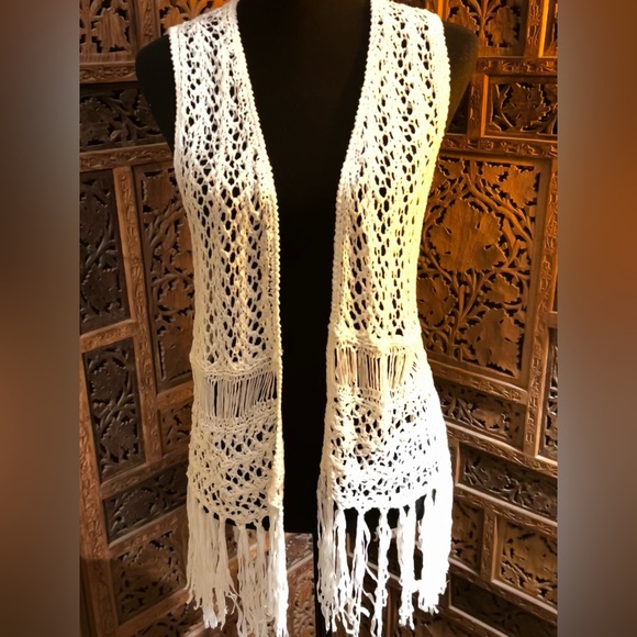 Love By Design Jackets & Blazers - Love By Design Ivory Crochet Vest with Fringe